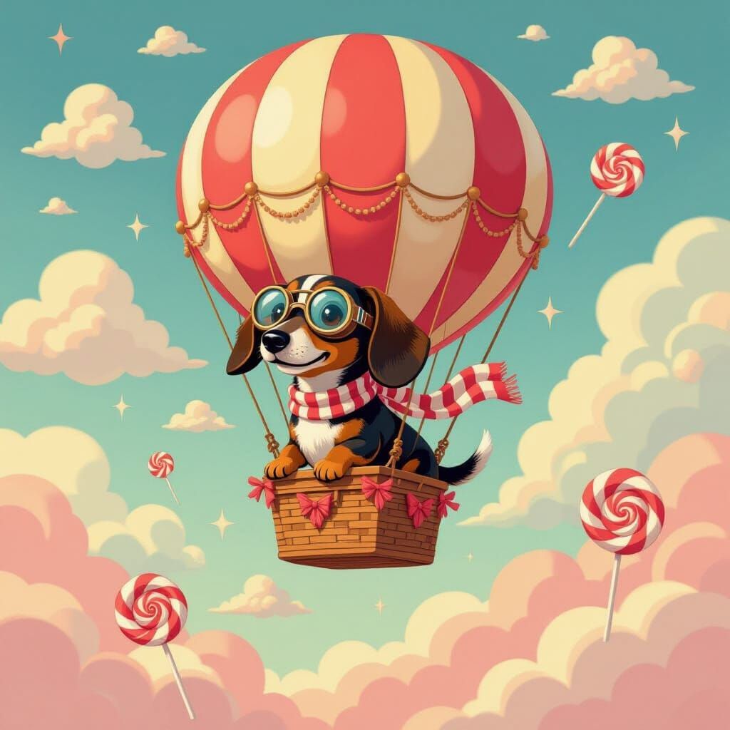 Dachshund in Strawberry Balloon, Mary Blair-Inspired Art