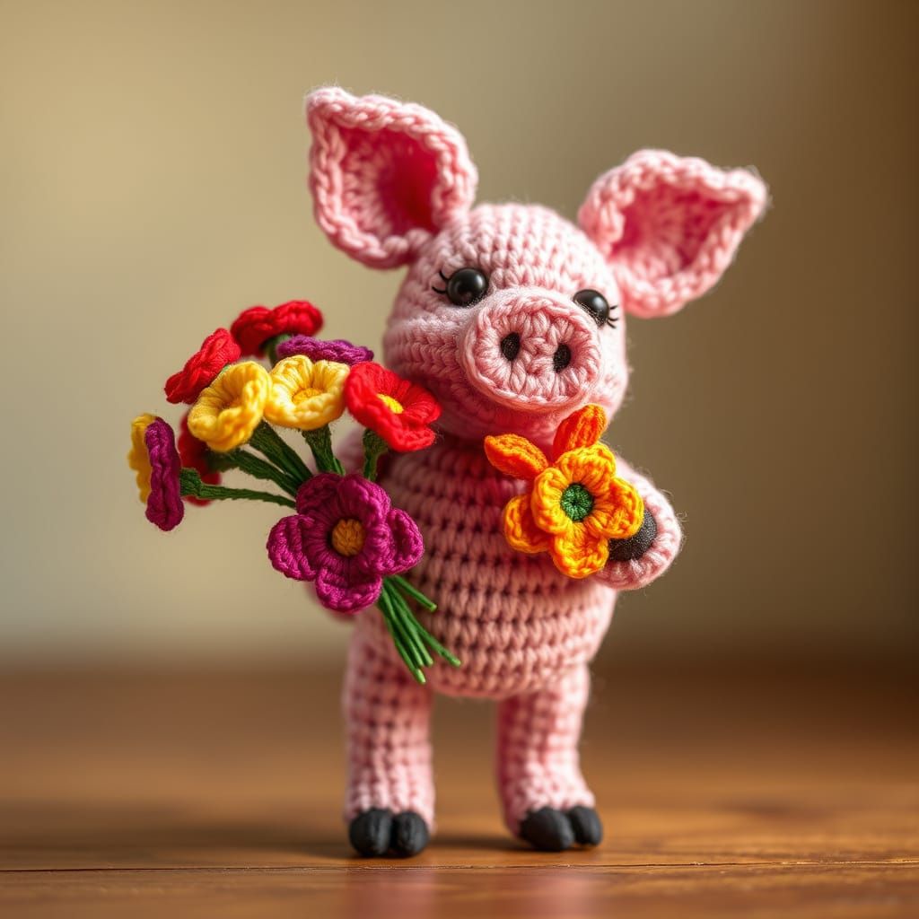 Crochet Pig Holding Flowers in Whimsical Yarn Art Style