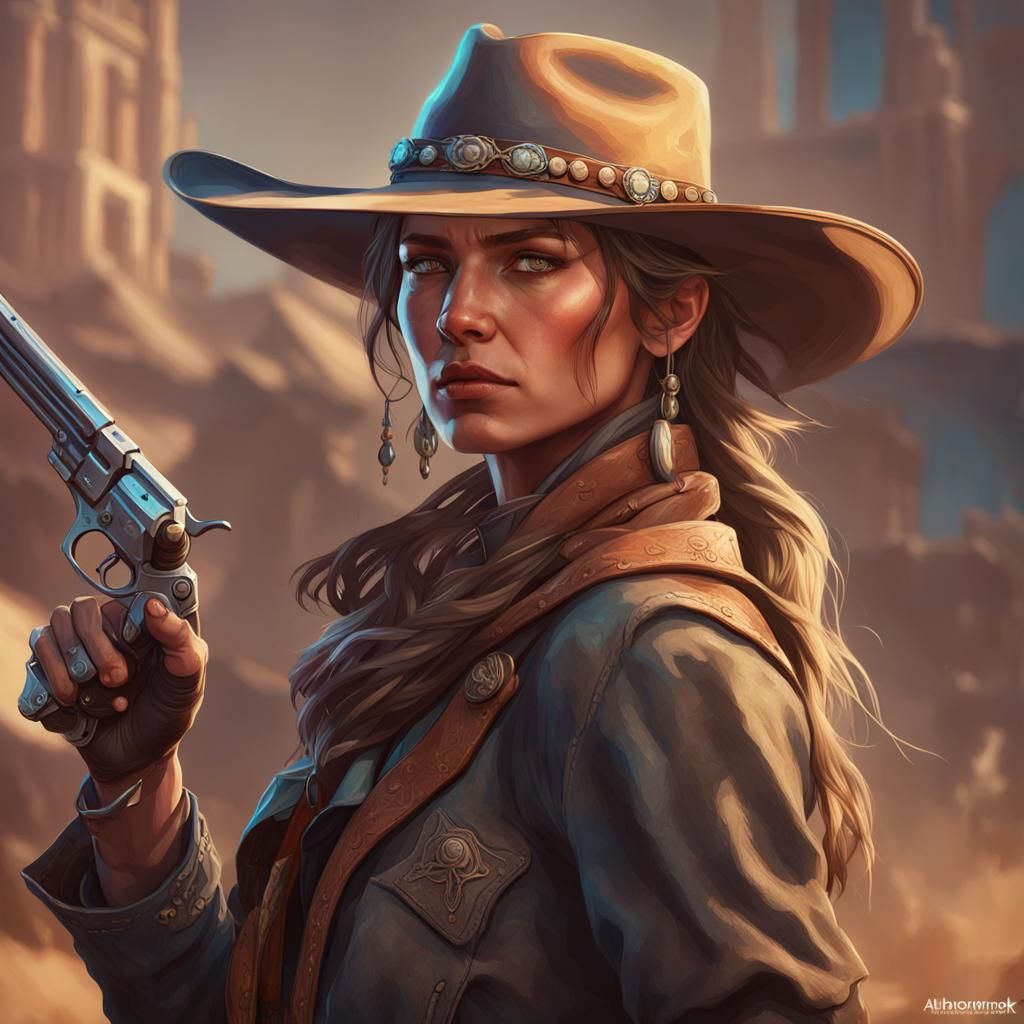 Female Cowboy Gunslinger Portrait in Hyperdetailed Style