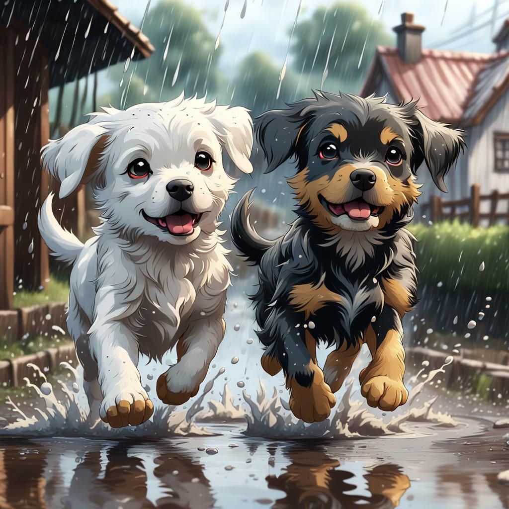 Cute Dogs Play in Rainy Rural Scene: 3D Anime Art