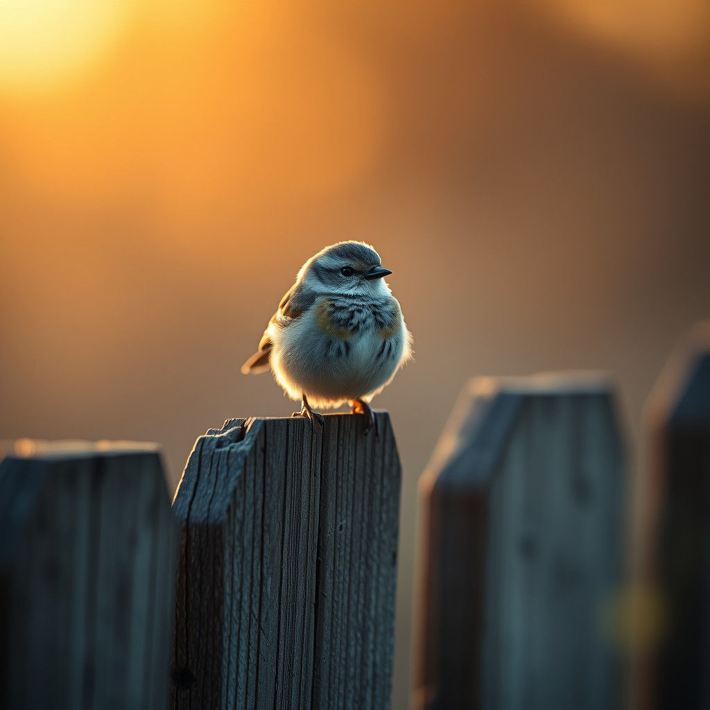 Tiny Bird on Weathered Fence in Hyperreal Style