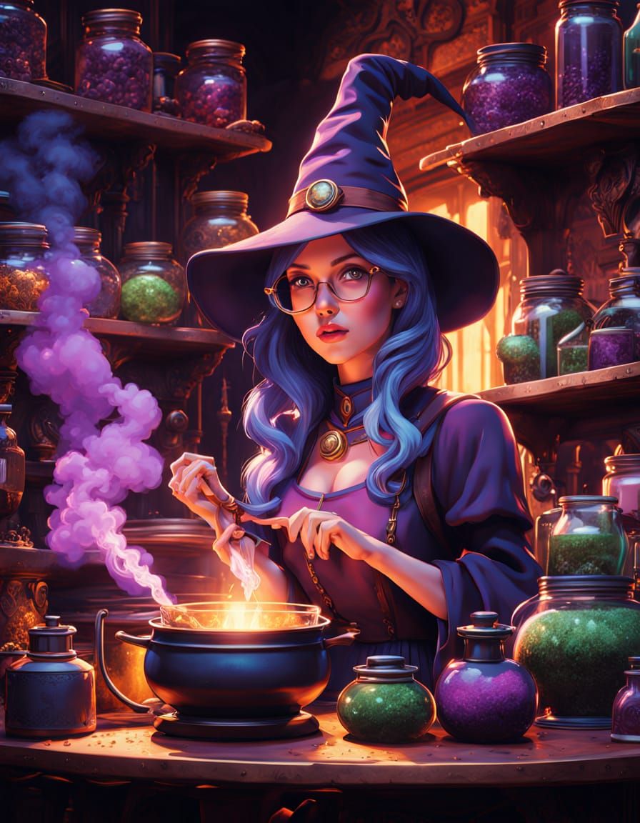 Vibrant Fantasy Alchemist in Mystical Kitchen