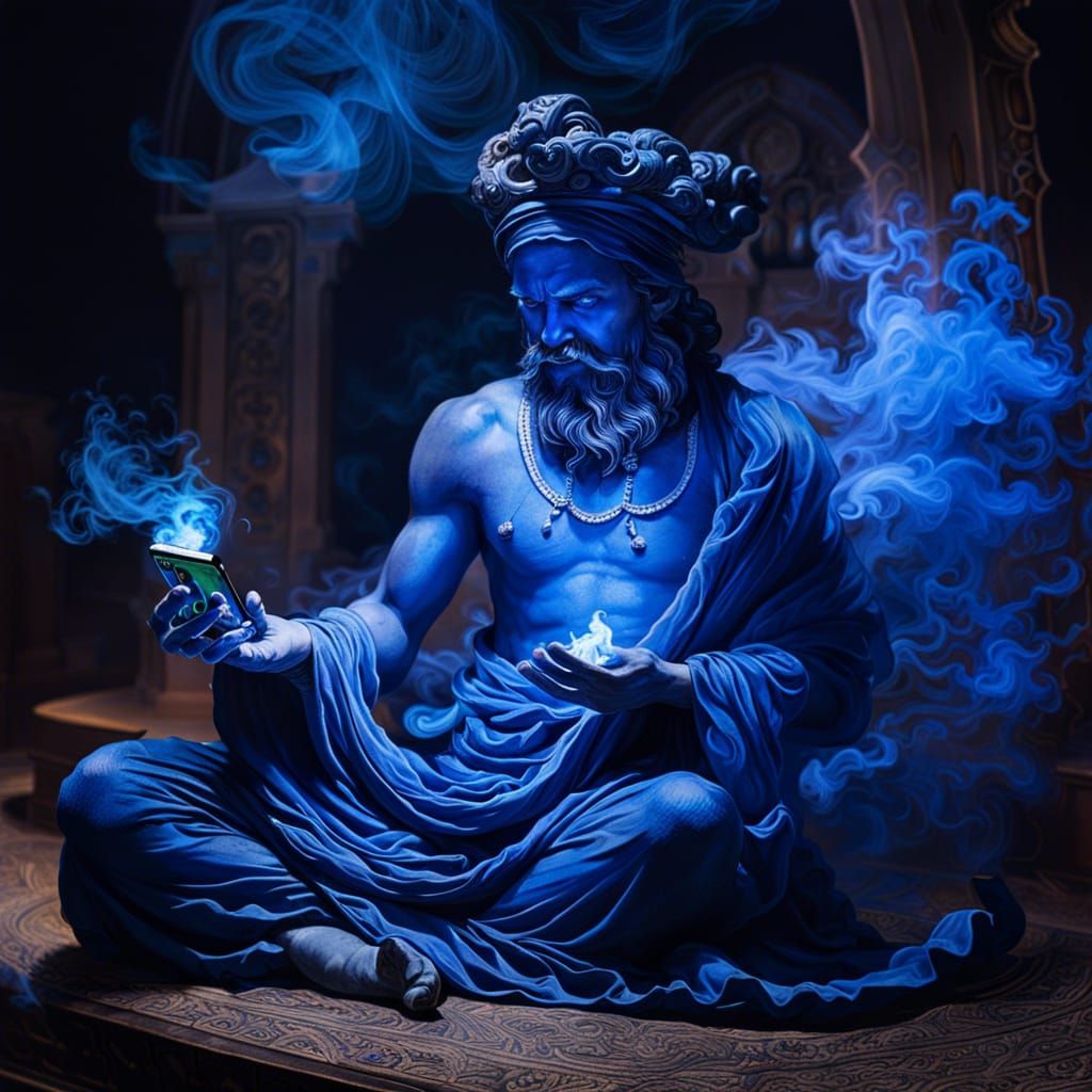 Blue Genie Emerges From Smartphone in Light Painting