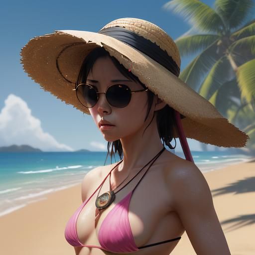 Samurai Girl on Beach in Hyperdetailed Splash Art