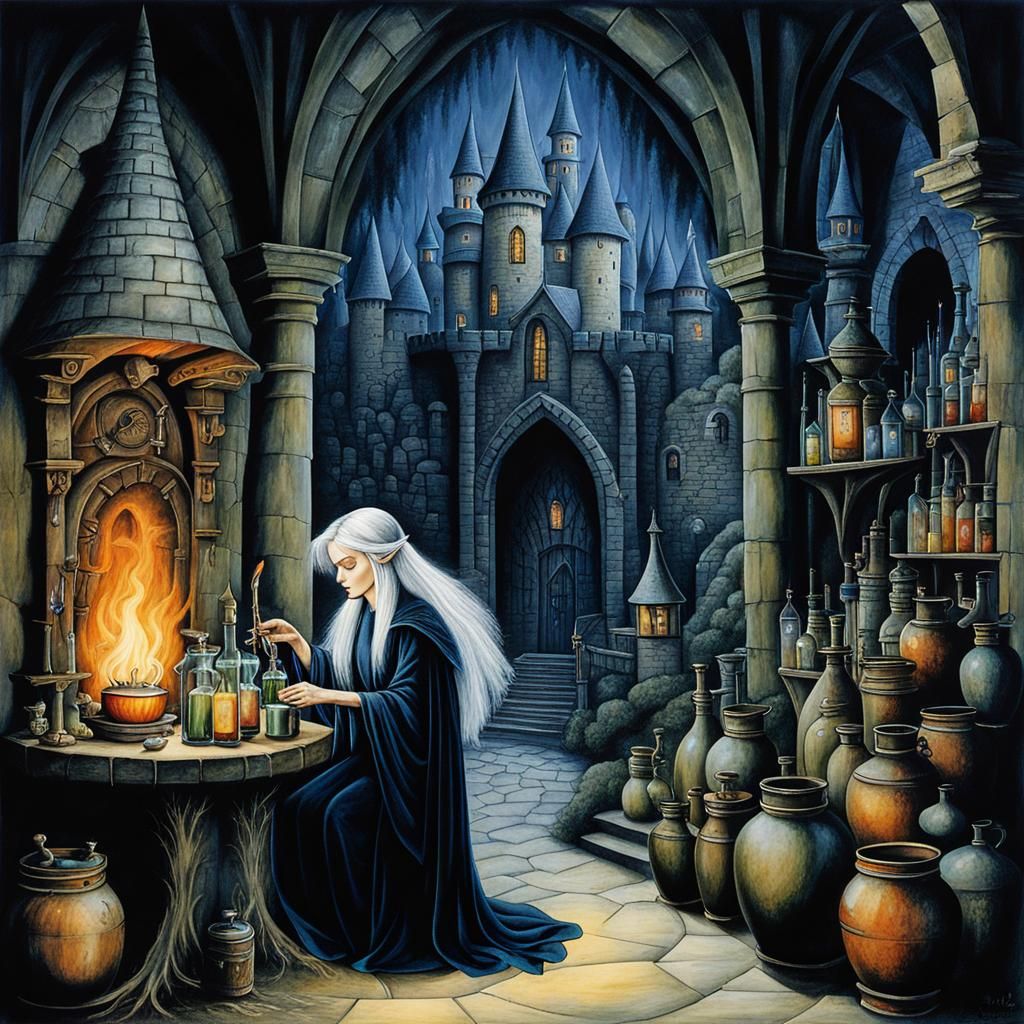 Detailed Witch Making Potions in Dungeon