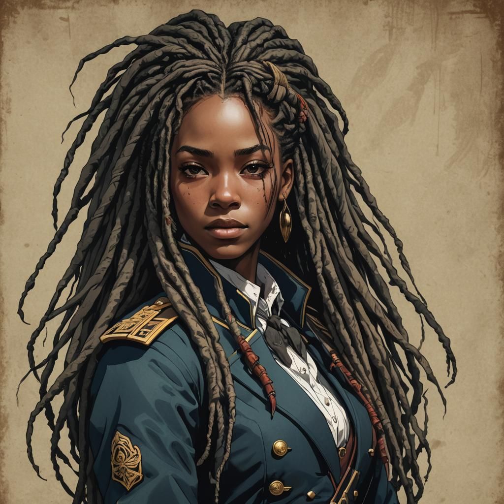 Black Woman in Military Coat: Cel-Shaded Anime Art