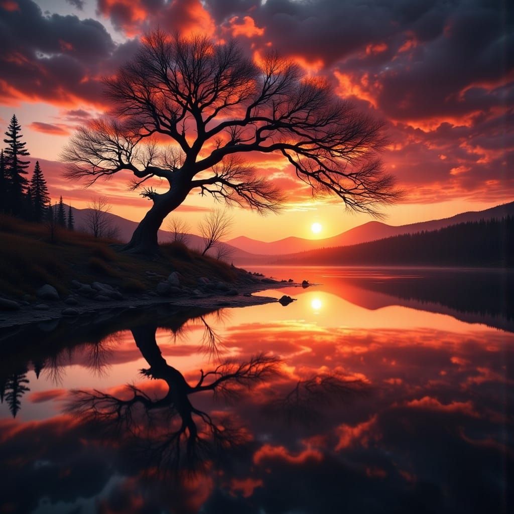 Fiery Sunset Reflecting on Calm Lake