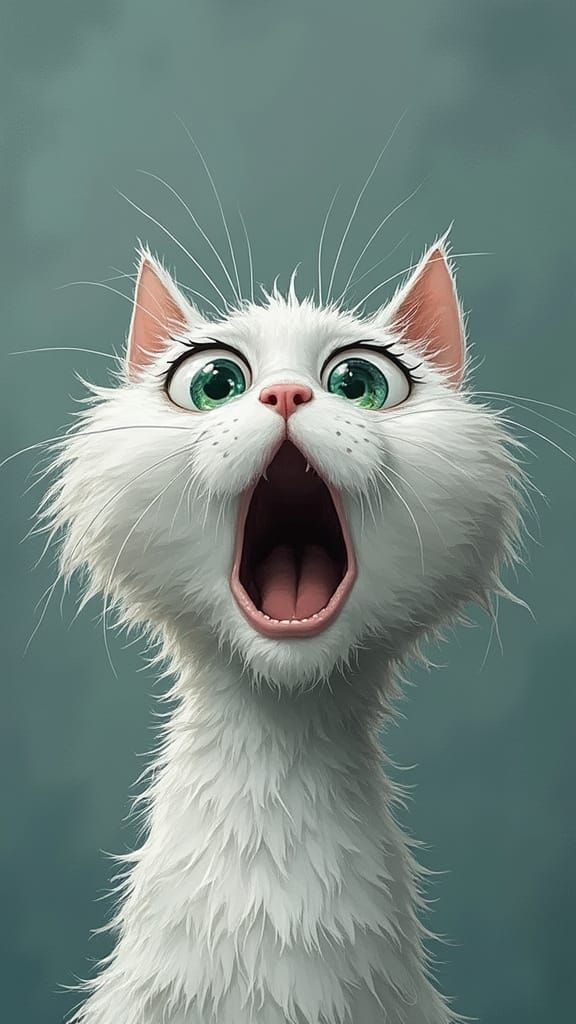 Vibrant Cartoon White Cat in a Comically Wide Scream