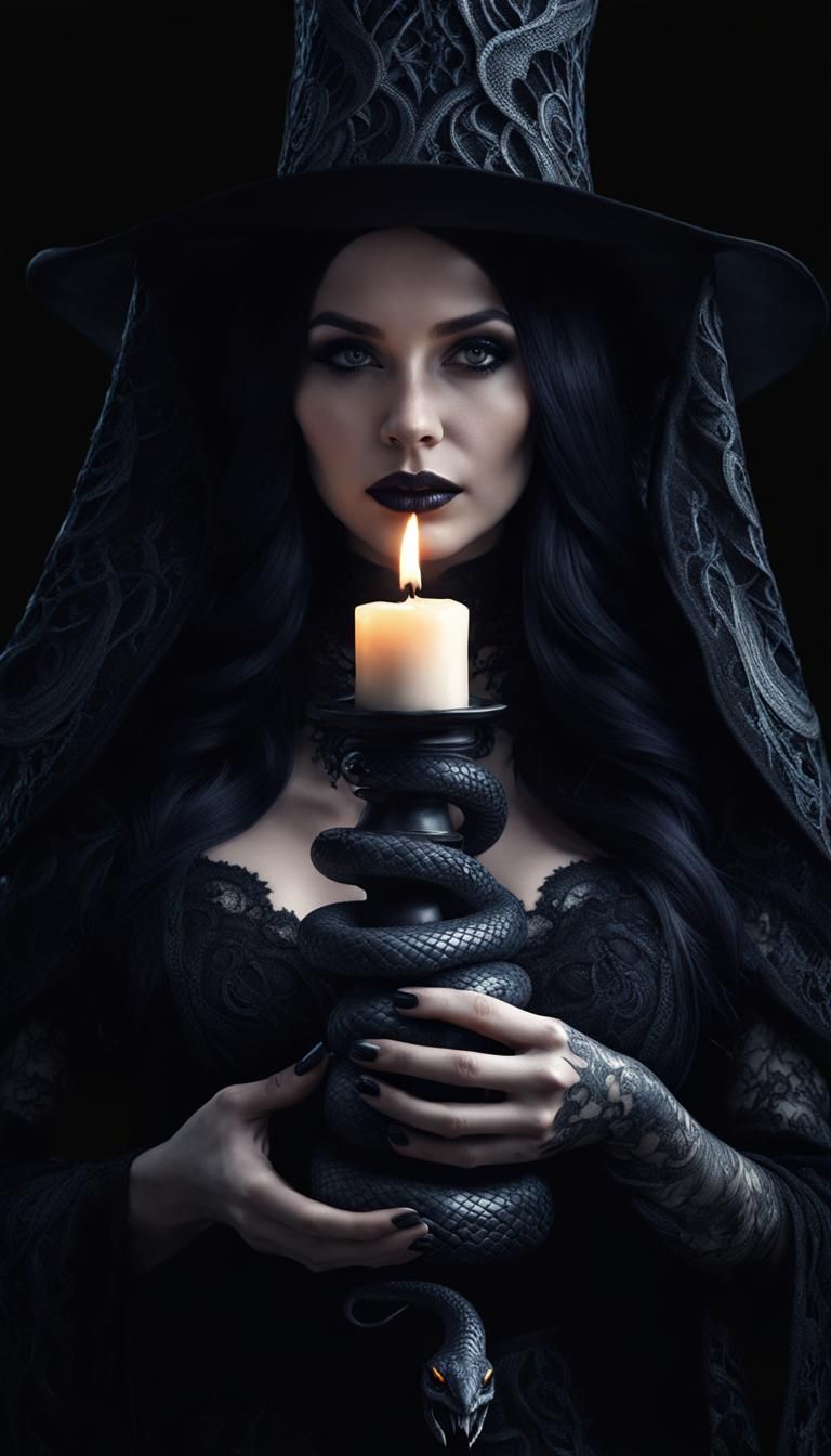 Gothic Witch with Snake and Candle in Ink Art