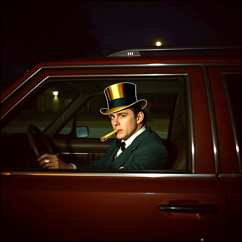 Man in Car with Top Hat Decal, Cinematic Style