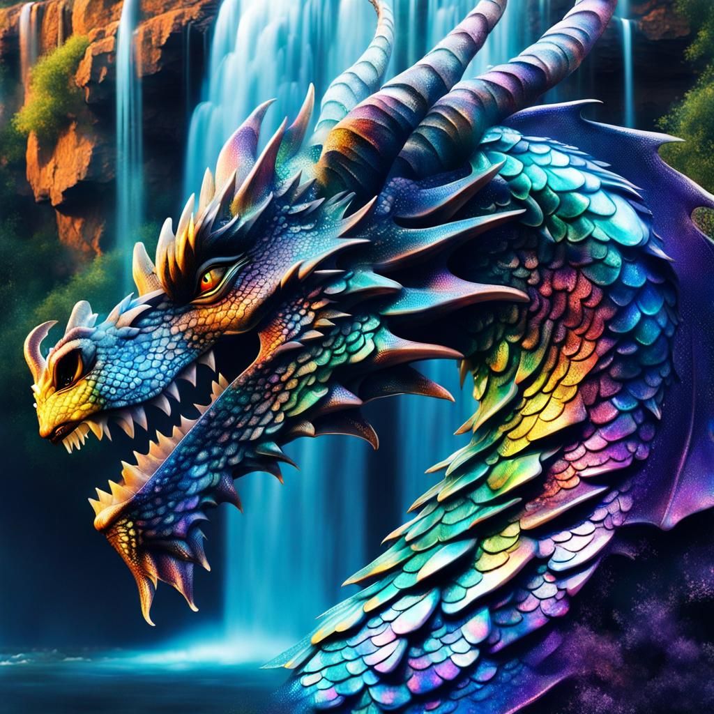 Iridescent Dragon Double Exposure Against Waterfall