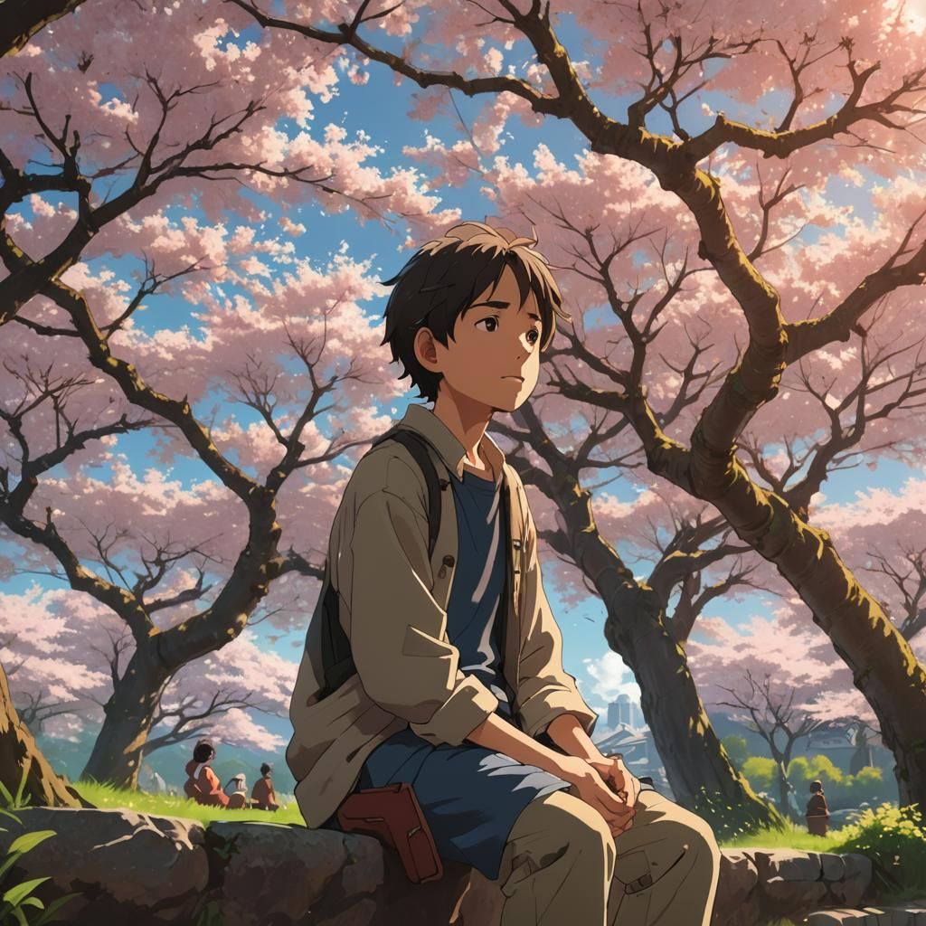 Boy Gazing at Girl Under Cherry Blossom Tree