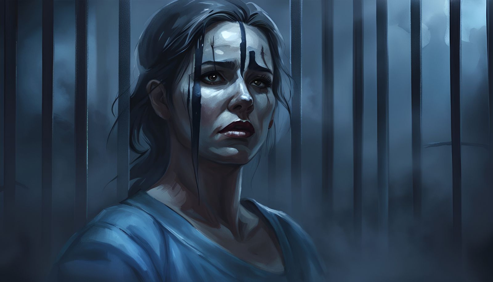 Distressed Woman Prisoner's Plea: A Grayscale Digital Illust...