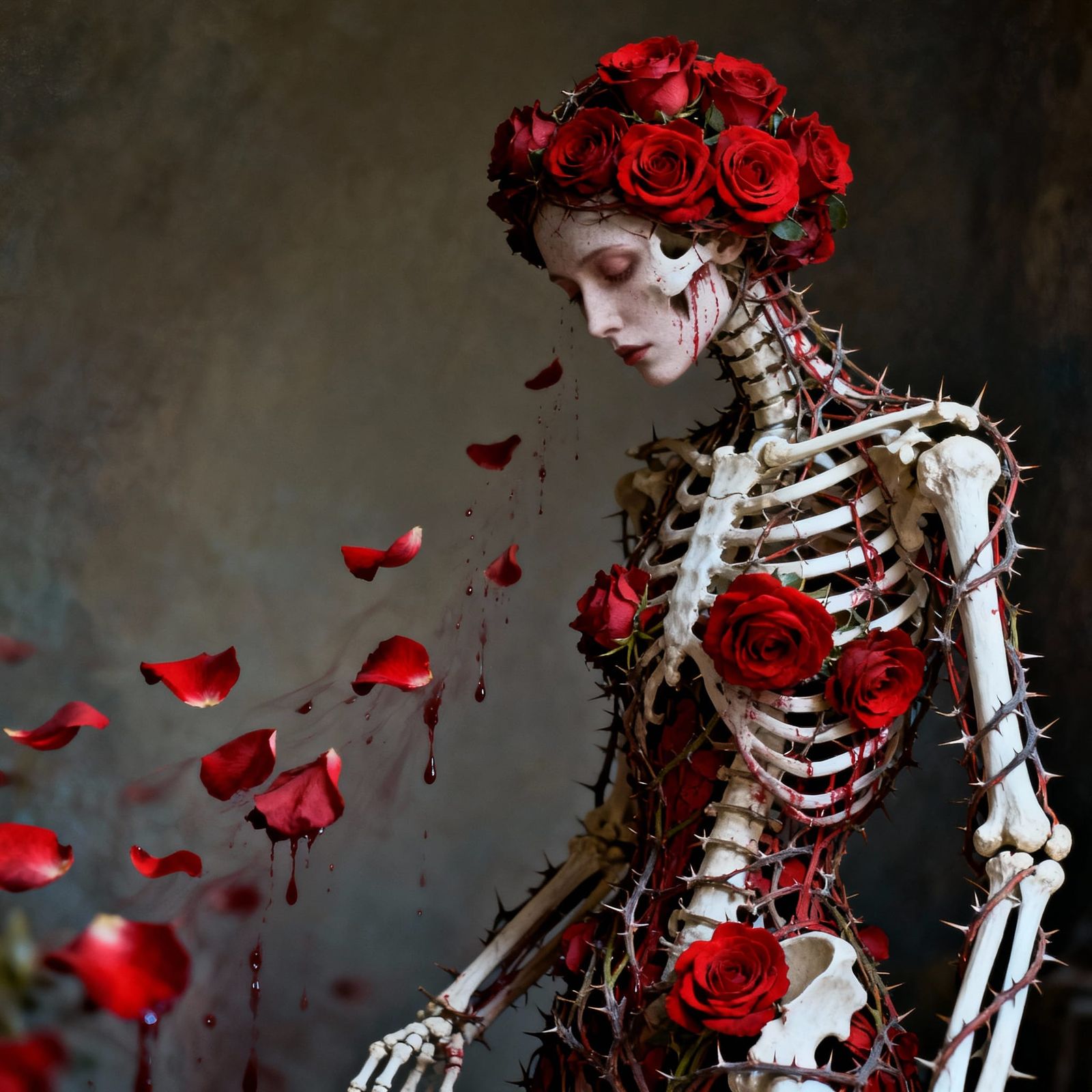 Surreal Woman of Roses and Bone in Romantic Light