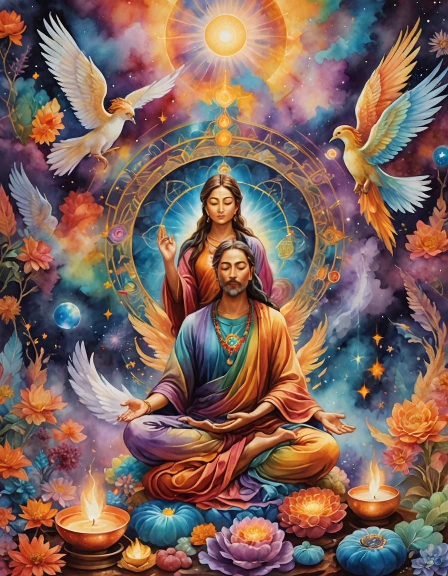 Reiki Healer with Angels in Watercolor Illustration