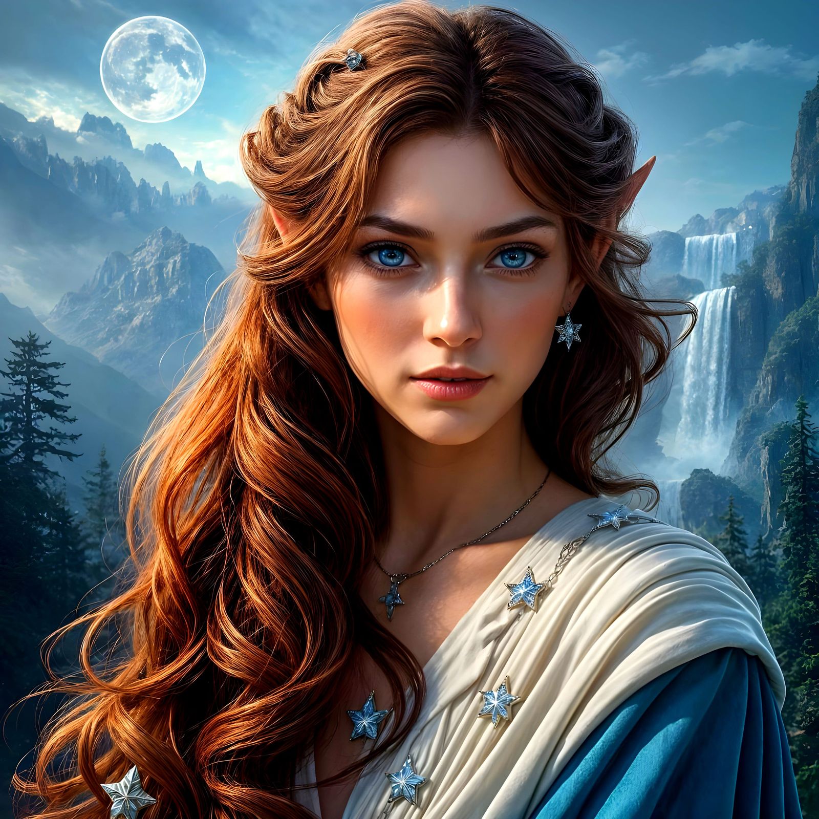 Ethereal Elf Maiden in Elven Robes with Burgundy Highlights