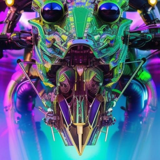 Cybernetic Praying Mantis Robot in Biopunk Style