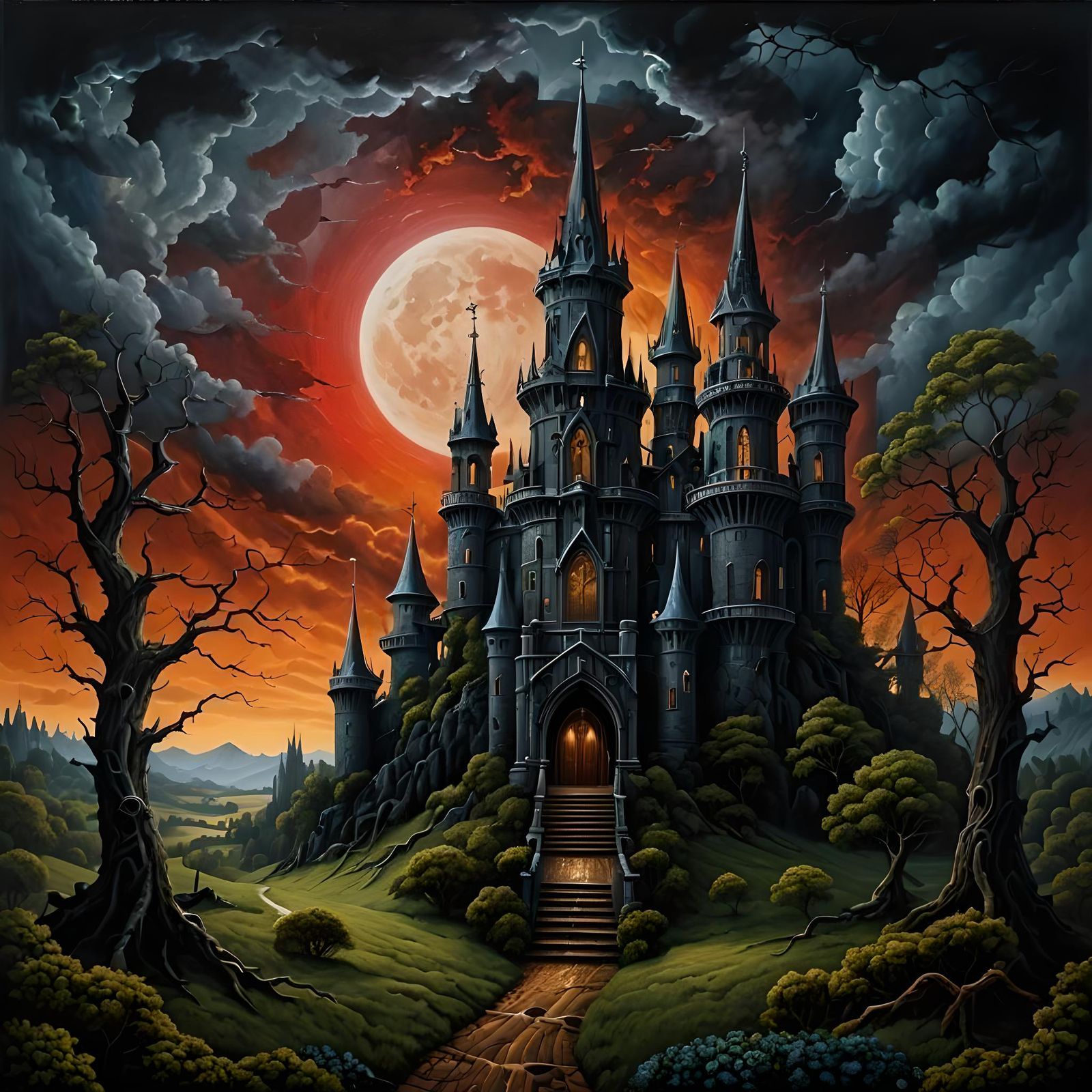 Gothic Night Landscape in Impasto Style