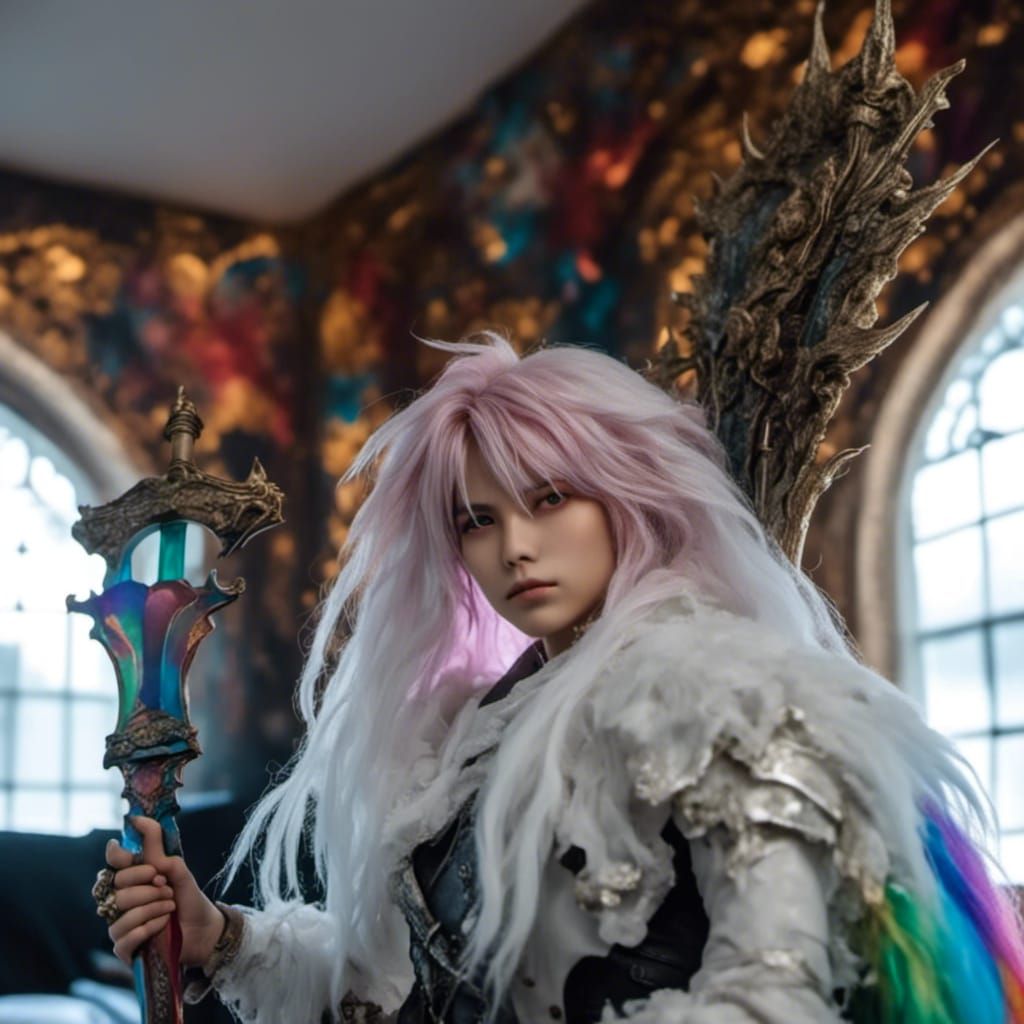 Hyperreal Doll with Buster Sword on Rainbow Throne