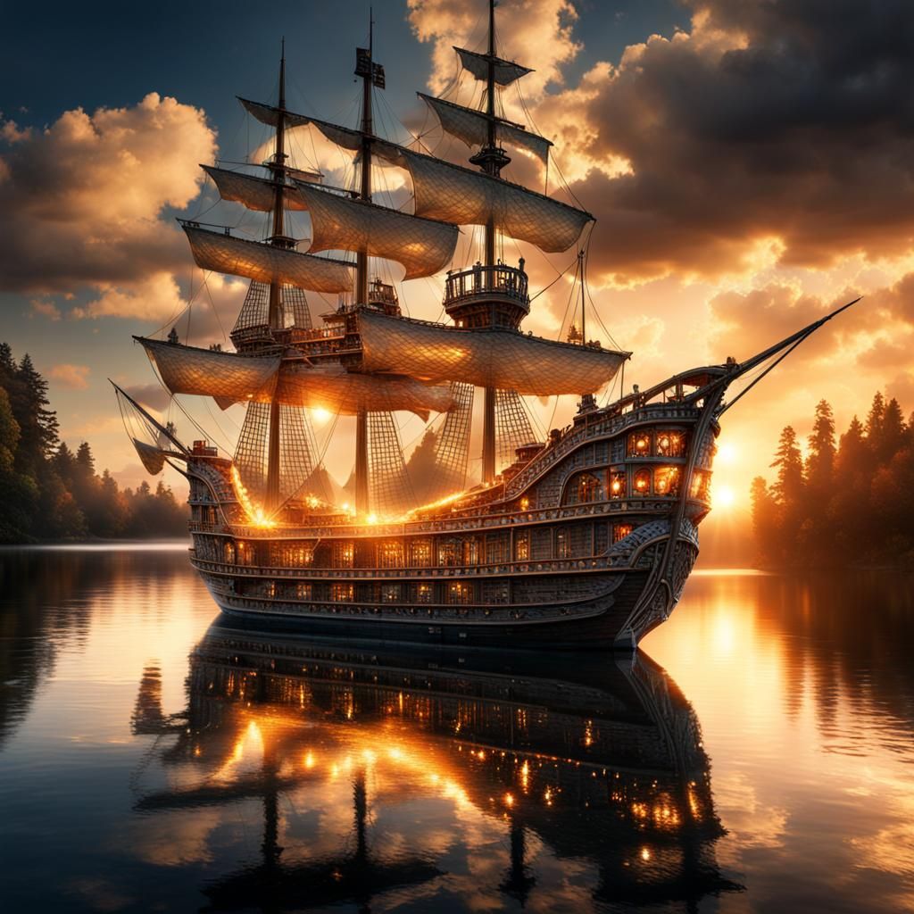 Crystal Pirate Ship on Lake with Halo of Fire