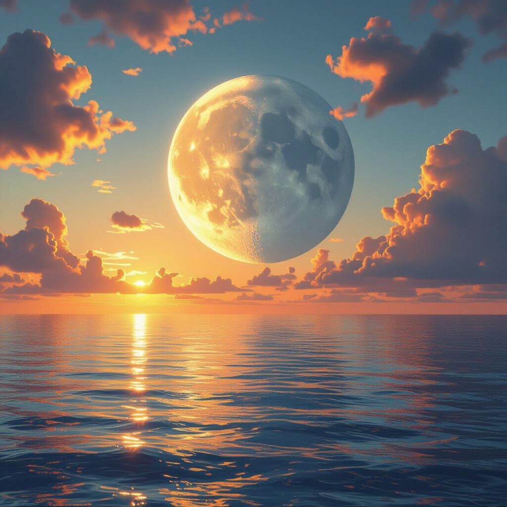 Dramatic Moonrise Over Serene Sea, Photorealistic