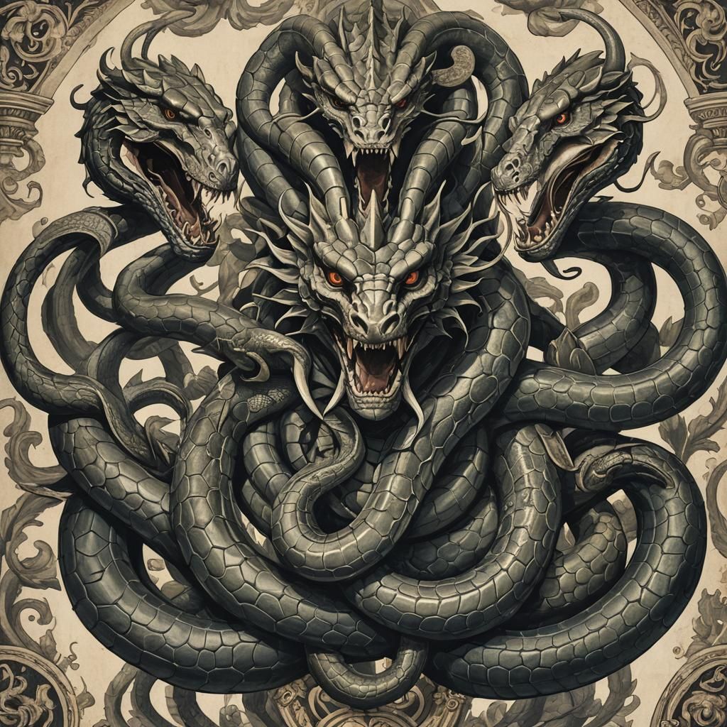 Knight Confronts Five-Headed Hydra
