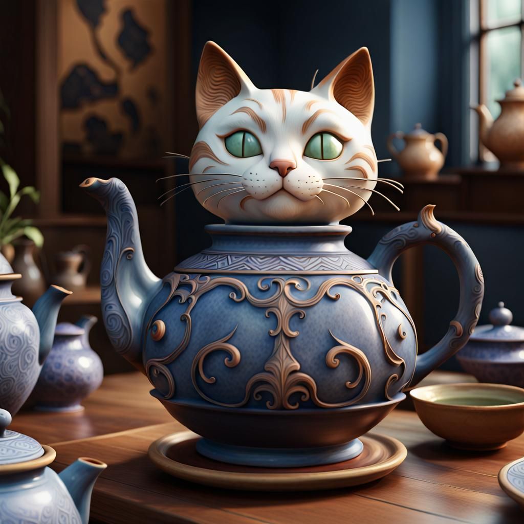 Fantastical Cat Teapot with Trompe L'oeil Painting