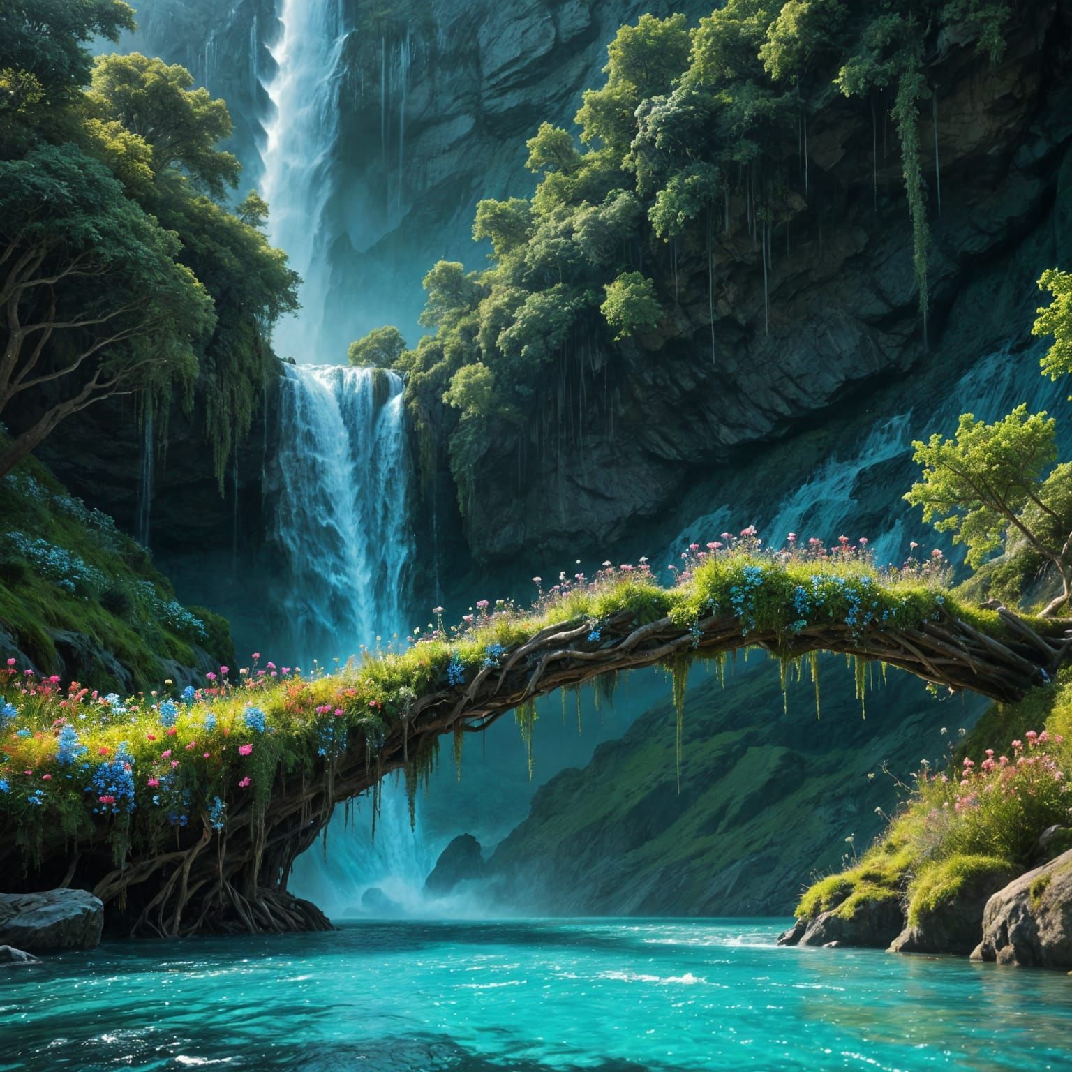 Epic Nordic Waterfall Scene with Wildflowers and Mossy Tree