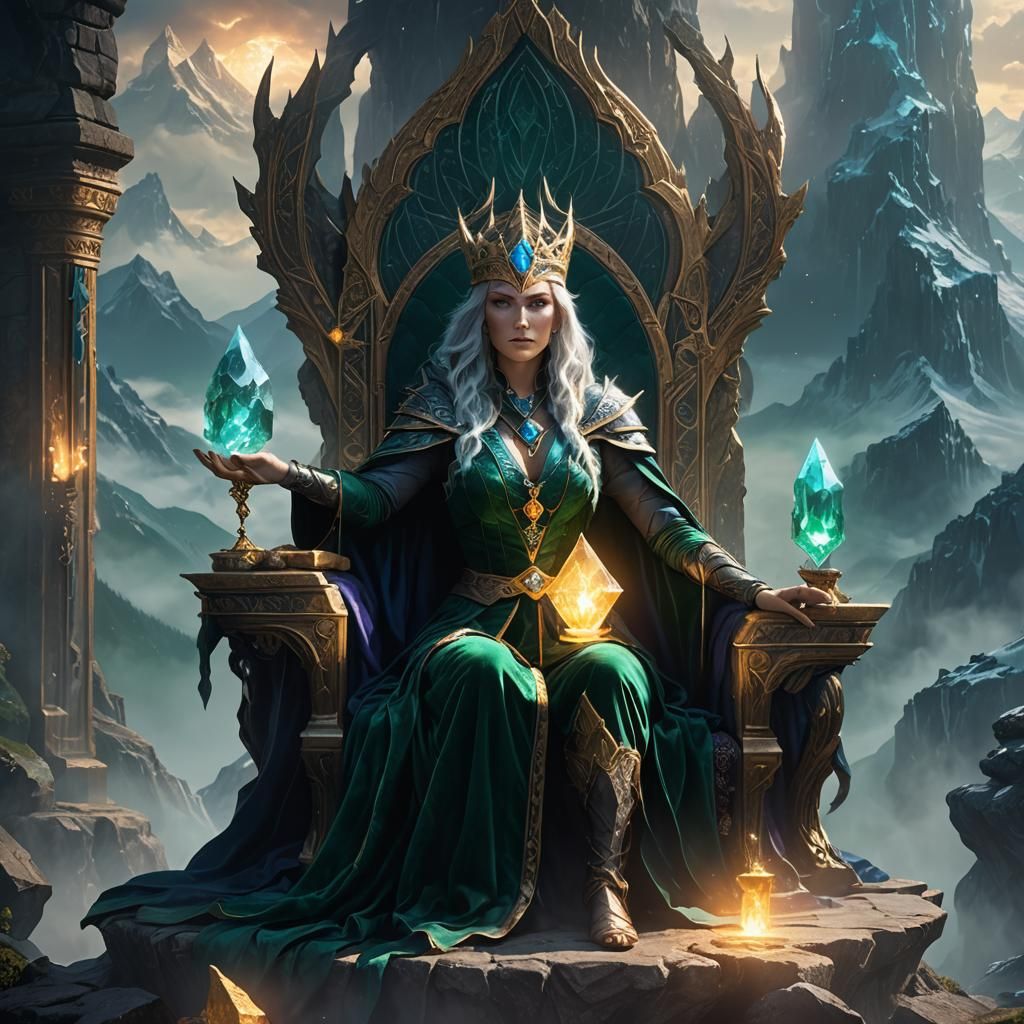 Powerful Sorceress on Throne with Crystal Ball