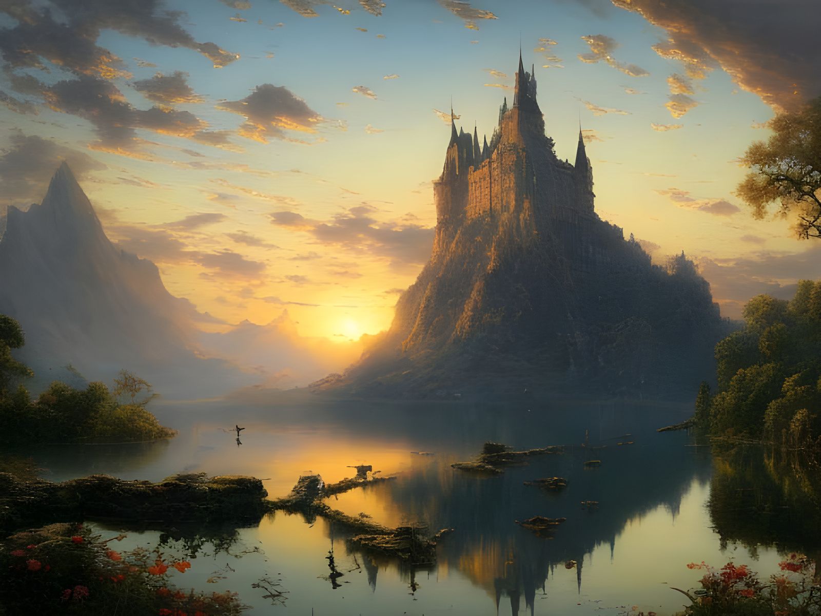 Grand Castle Overlooking Lake at Sunset