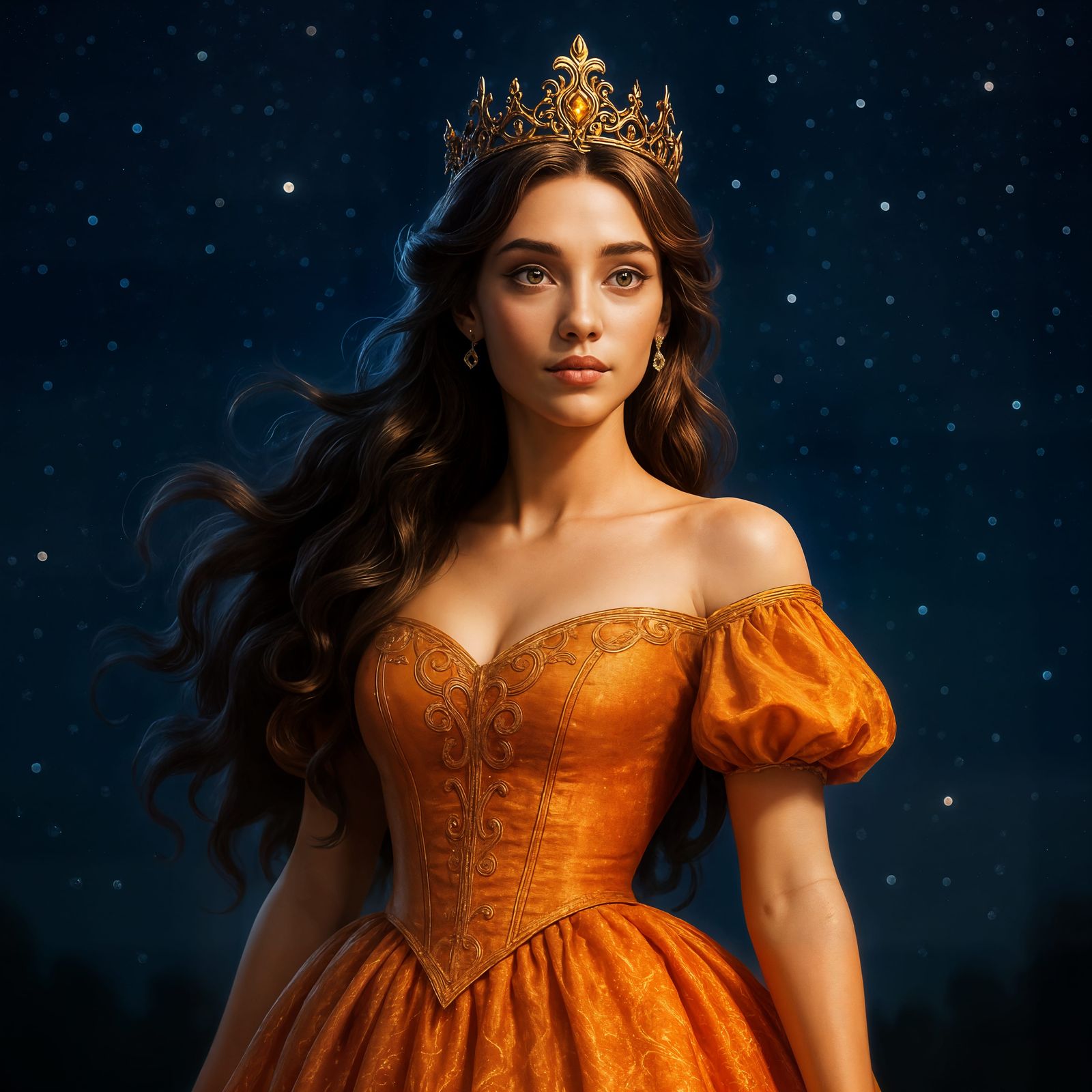 CGI Princess in Orange Dress Under Starry Sky
