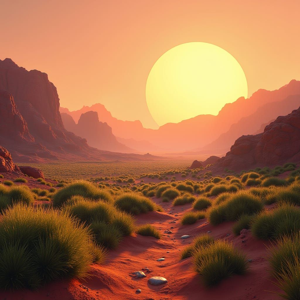 Ancient Mars Civilization: Lush Landscape with Red Mountains