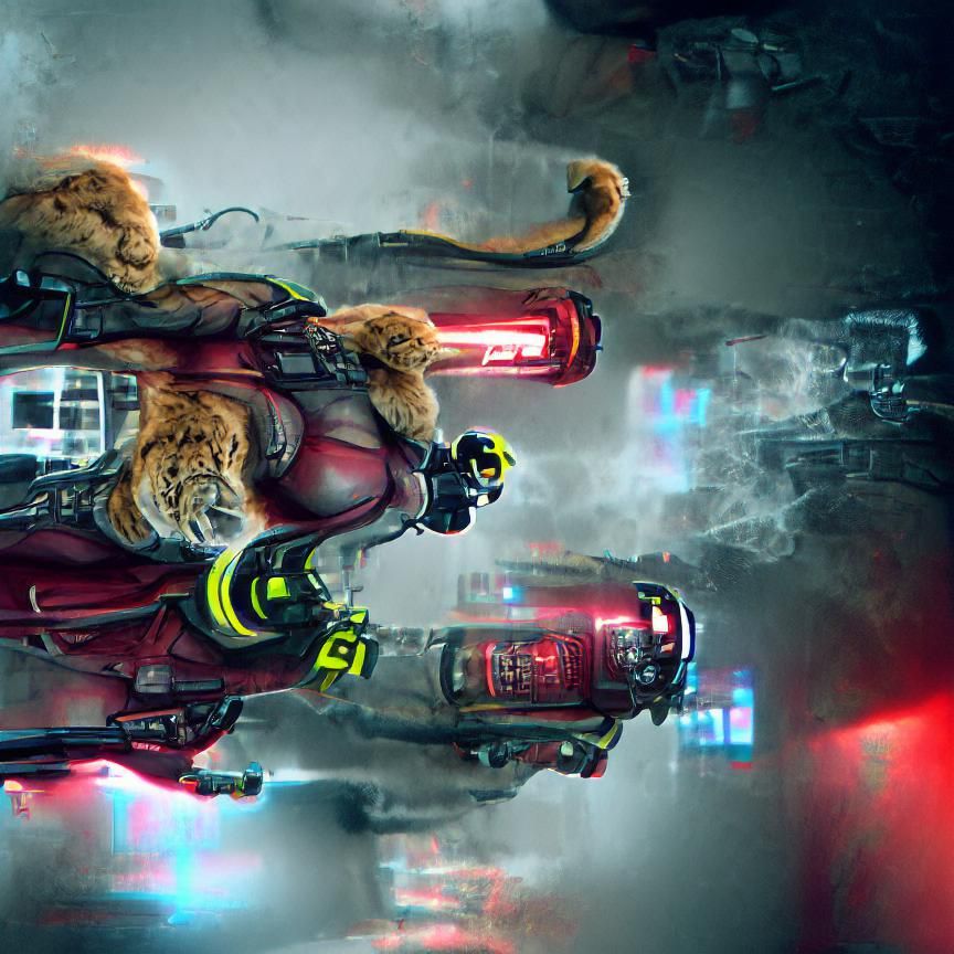 Cyberpunk Cougar Firefighter in Neon Cityscape