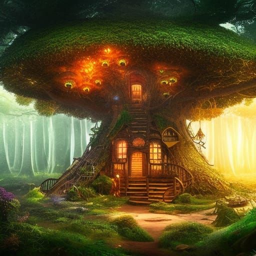 Luminescent Mushroom Forest with Treehouse