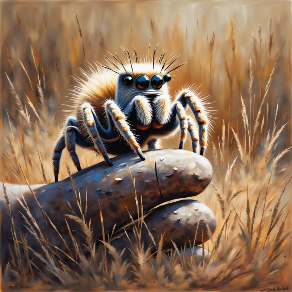 Surreal Savannah Scene of Baby Spider and Mother in Impasto ...