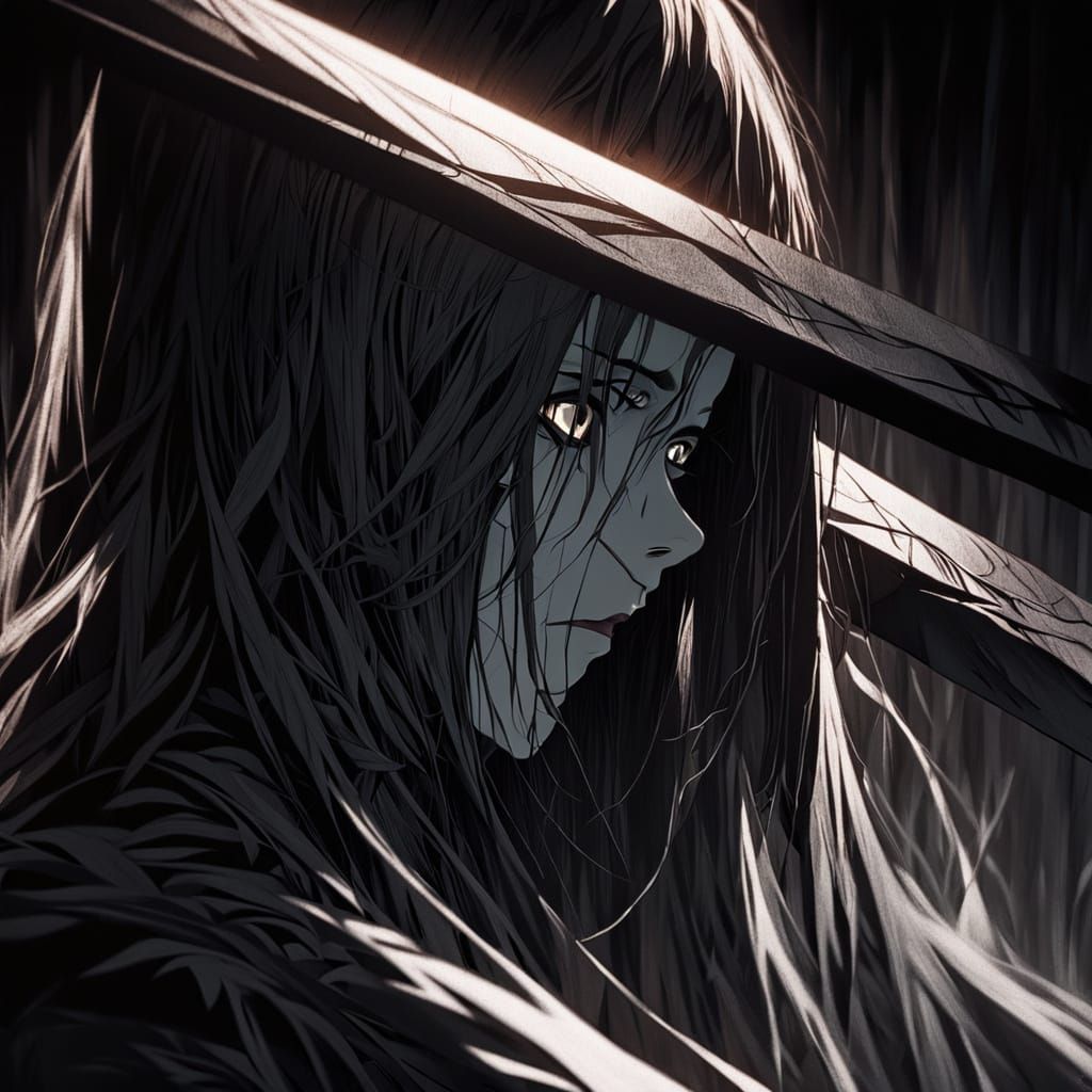 Dramatic Charcoal Drawing of Scarred Woman Warrior