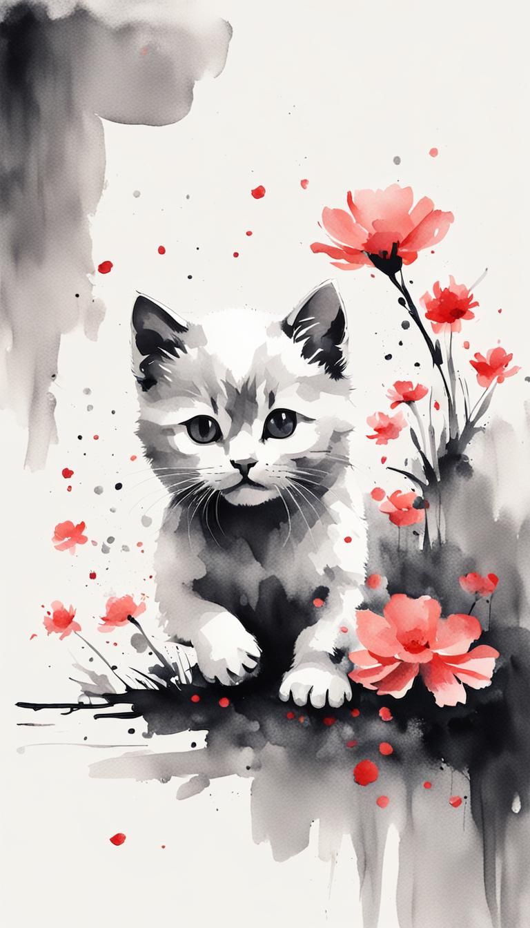 Kitten Playing with Flower in Ink Painting