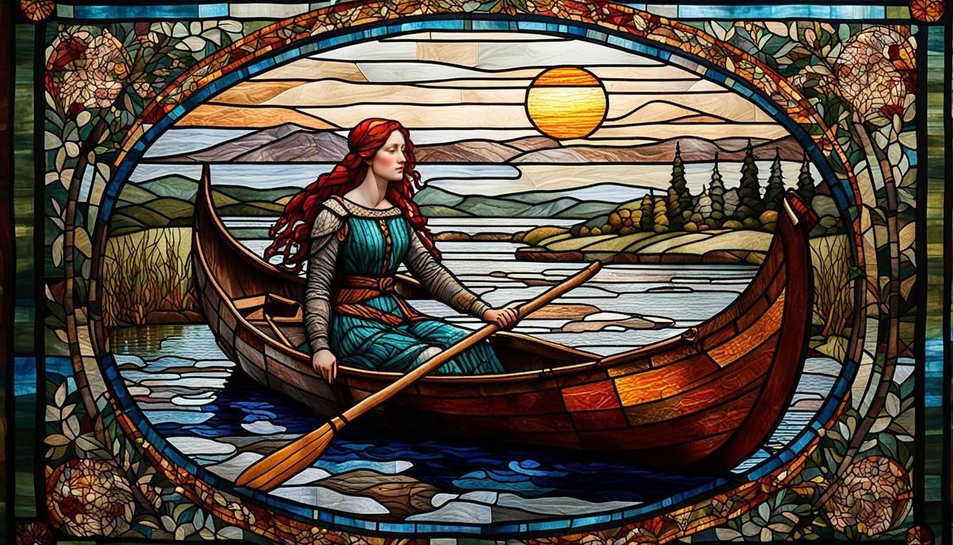 Lady of Shallott Stained Glass in Waterhouse Style