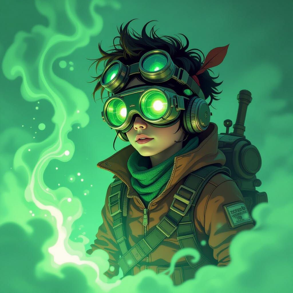 Young Adventurer in Luminous Green Mist