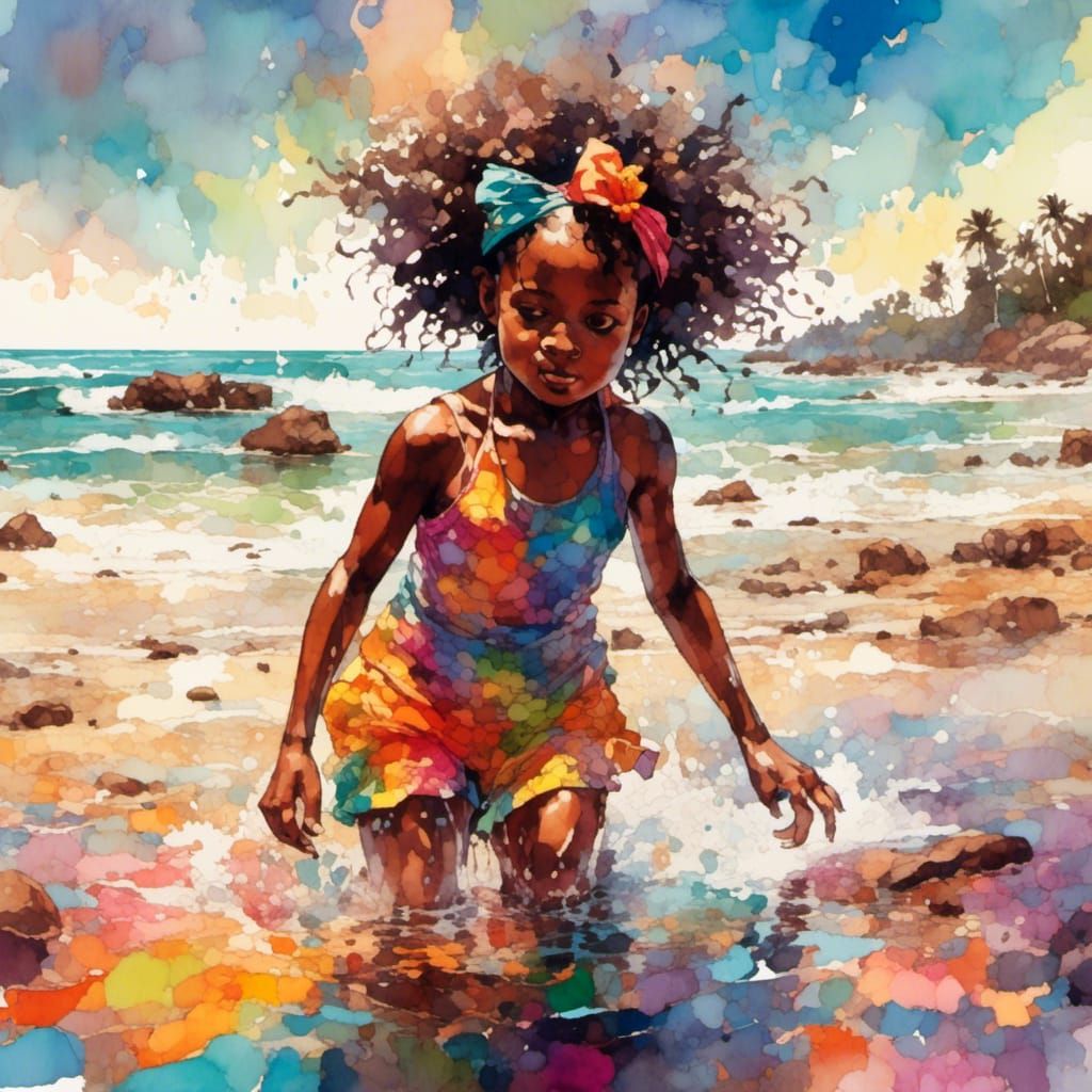 Girl Plays in Tide Pool: Rainbow Watercolor Art