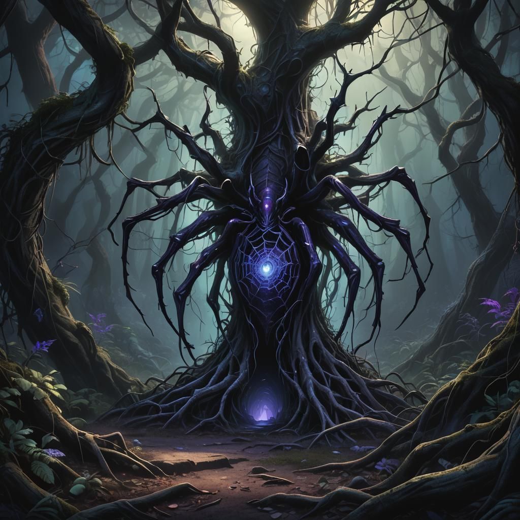 Mystical Portal Reveals Spider Legs in Dark Forest