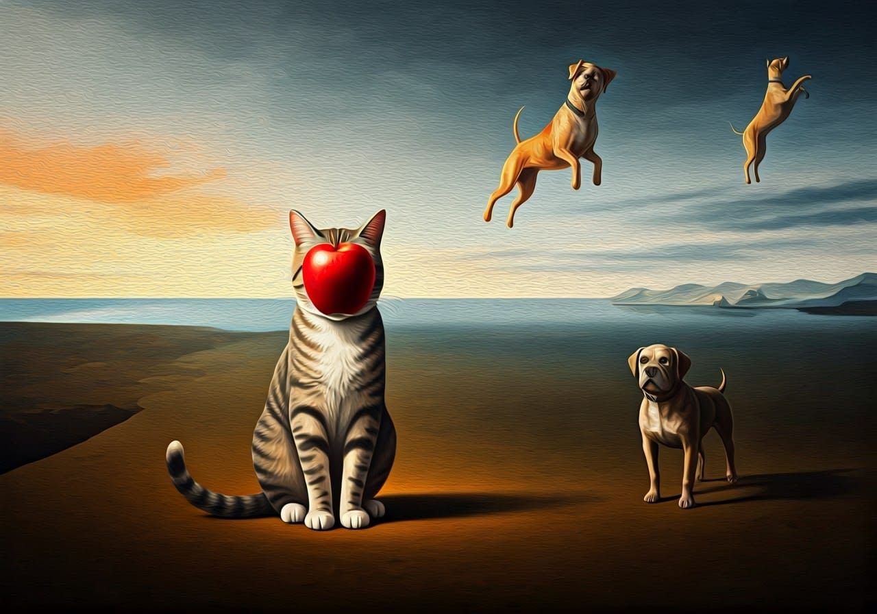 Style of Magritte, a cat with an apple 
covering his face an...