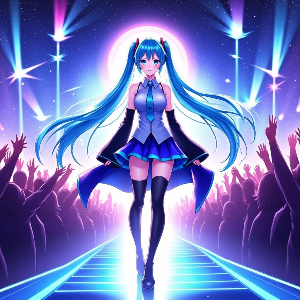 Digital Pop Idol Hatsune Miku Performs on Futuristic Stage