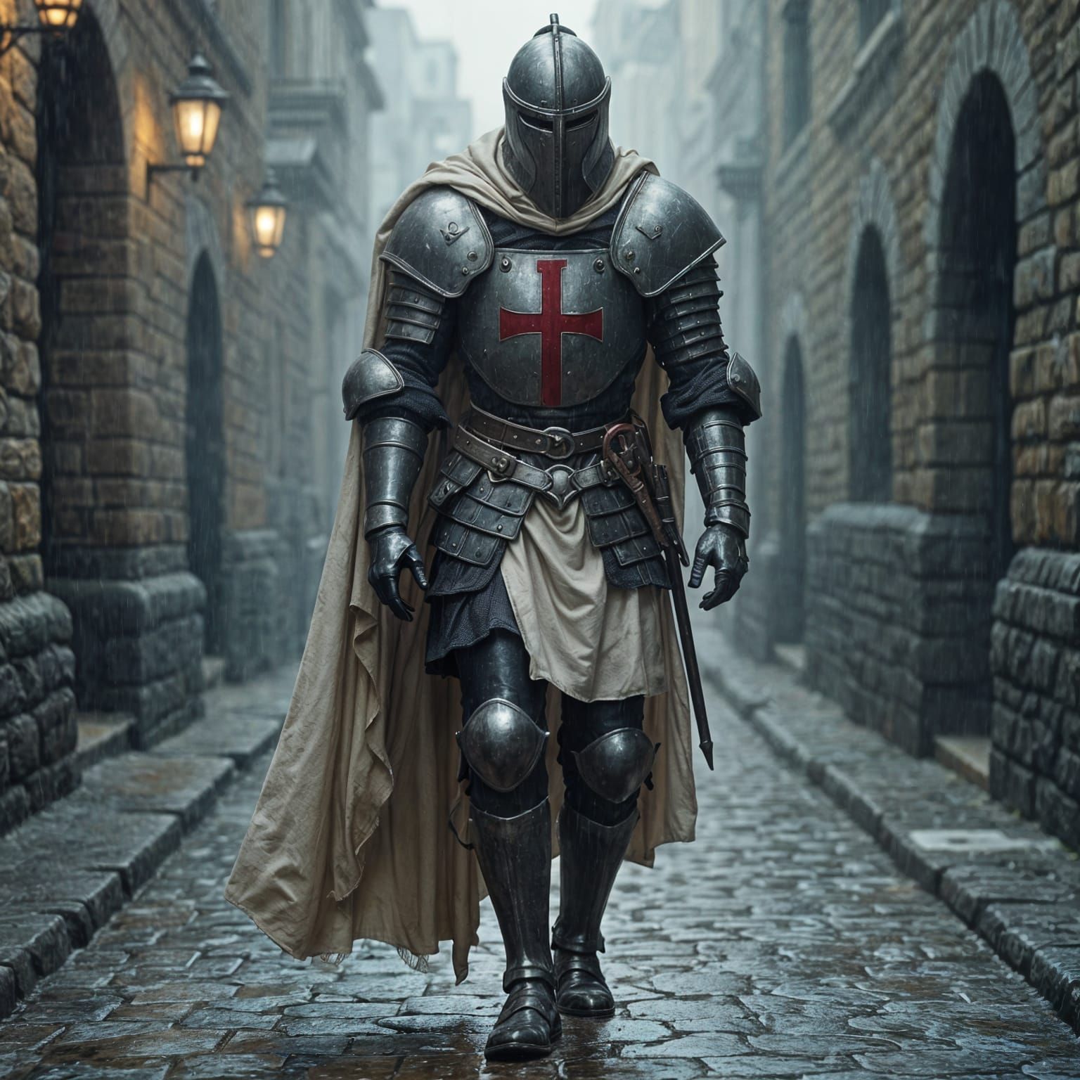 Medieval Warrior Strides Through Rainy City Streets