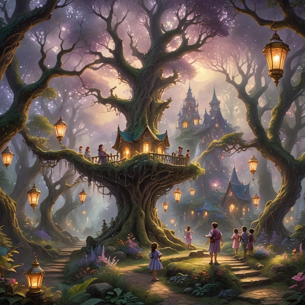 Children Playing in Forest with Ethereal Lighting