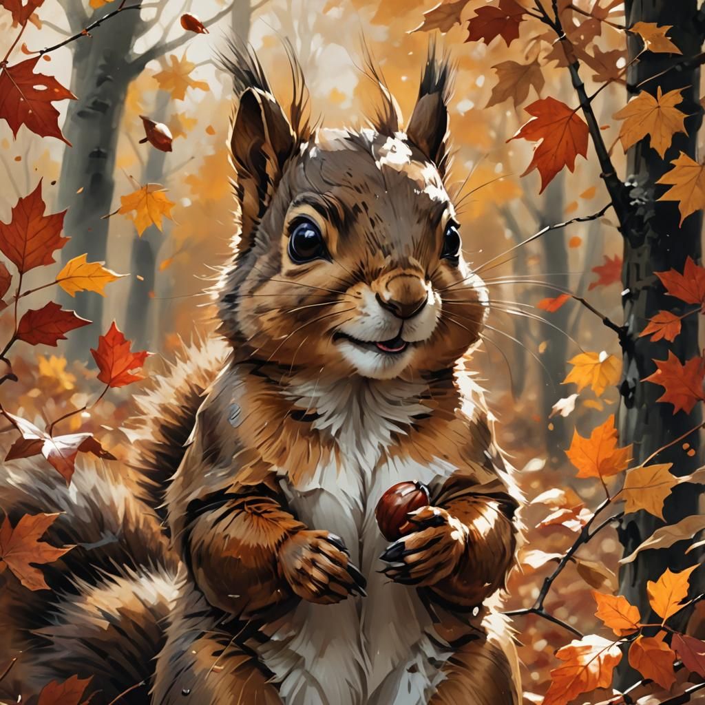 Adorable Baby Squirrel with Nut in Autumn Leaves