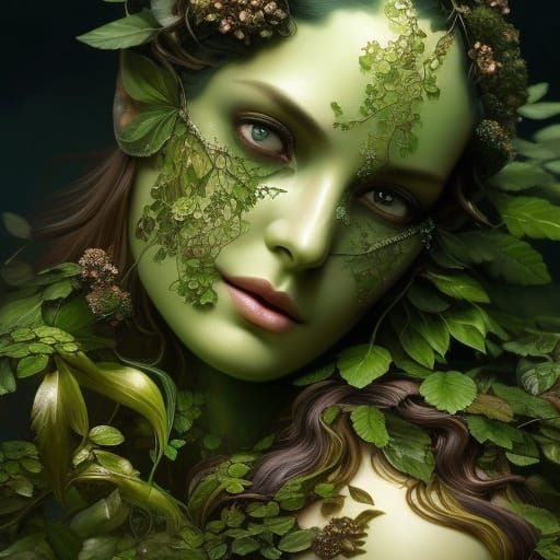 Green-Skinned Dryad Portrait in Hyperdetailed Fantasy Art
