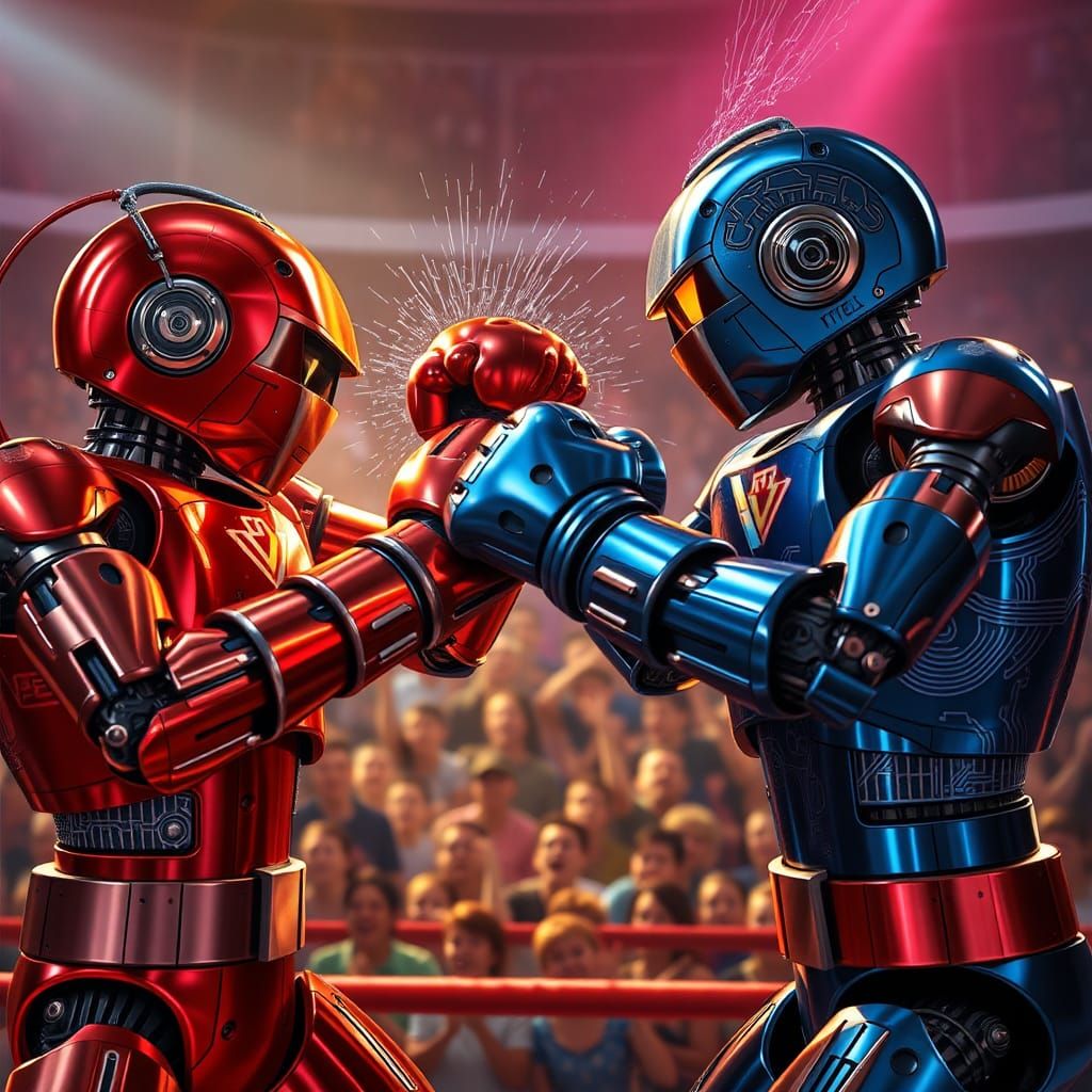 Robots Boxing in Neon Arena as Hyperrealistic Illustration