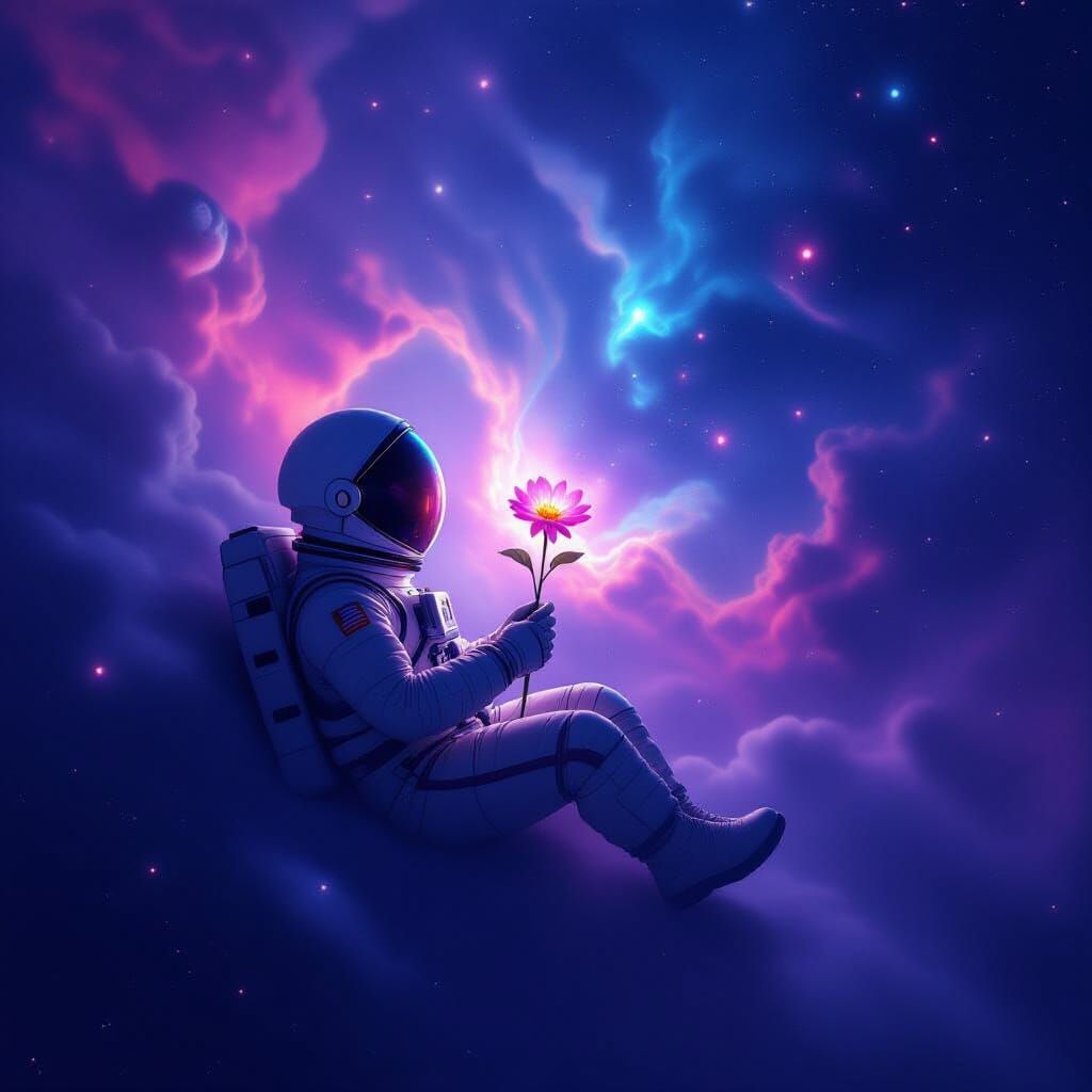 Astronaut Drifting in Nebula with Glowing Flower