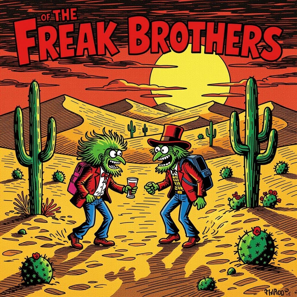 Freak Brothers in Surreal Desert Comic Art Style